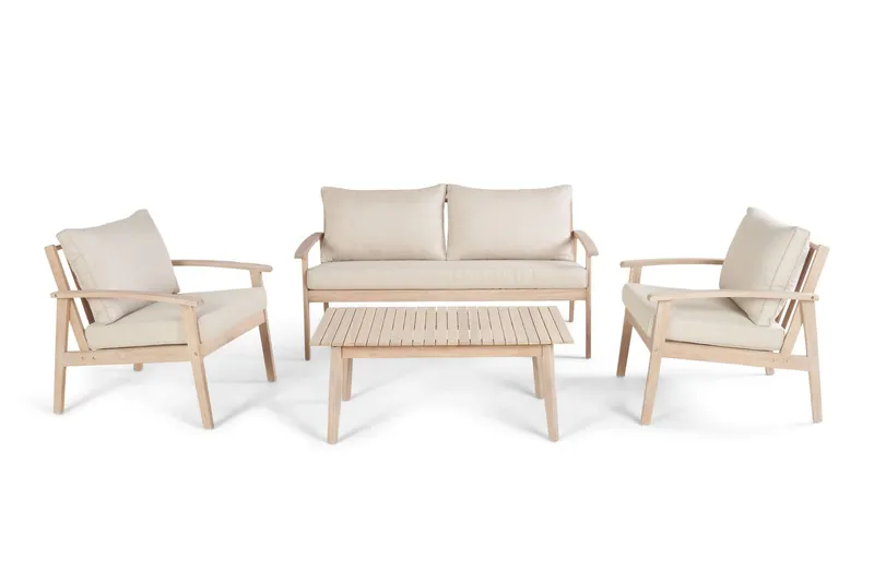 Wagnera Liten Soffgrupp utomhus - 2-sits soffa med 2 fåtöljer och soffbord i trä akacia - Beige — deNoord