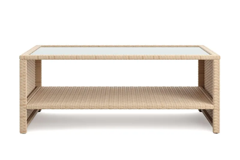 Wisconsin Soffbord utomhus i konstrotting med glasskiva och hylla för förvaring 58x110x43 cm - Beige — Comfort Garden