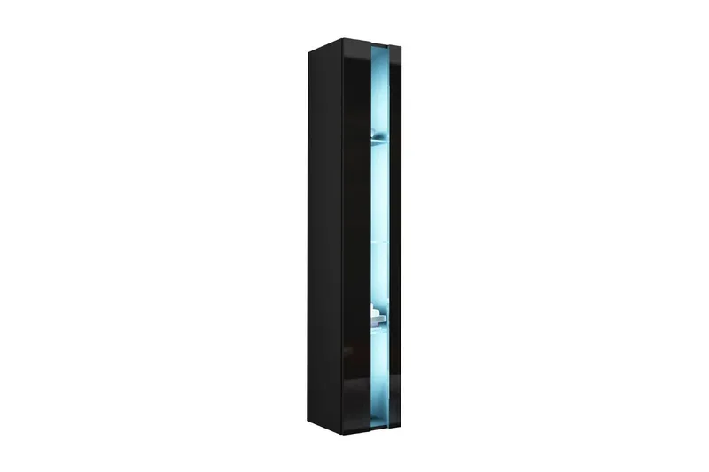 Wishon Smalt Vitrinskåp LED Belysning 30 cm djup 40 cm bred 180 cm hög Mörkt Trä Glas - Svart/Svart högglans/RGB LED — Svart/Svart högglans/RGB LED